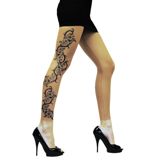 Black Lily Floral Tribal Art Tattoo Leggings