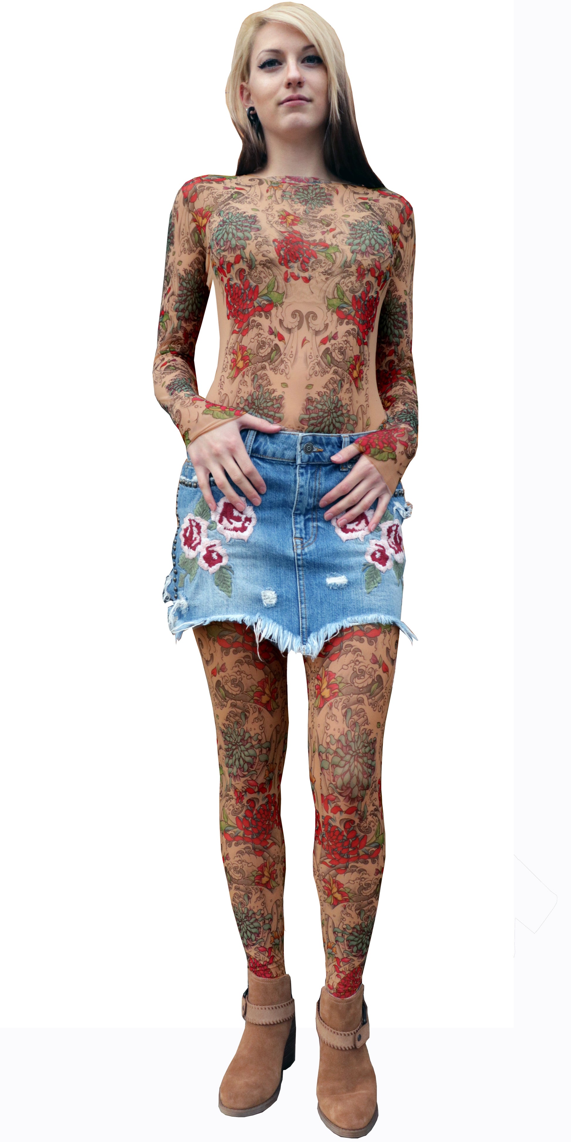 Mums Mesh Tattoo Shirt - Chrysanthemums, Peonies and Water Artwork