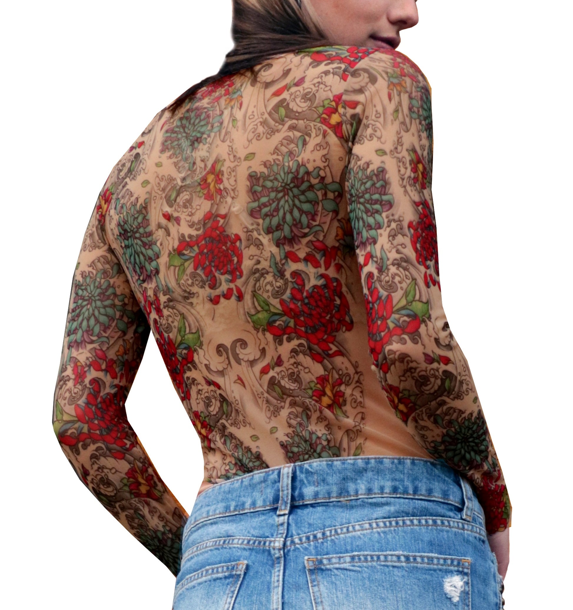 Mums Mesh Tattoo Shirt - Chrysanthemums, Peonies and Water Artwork