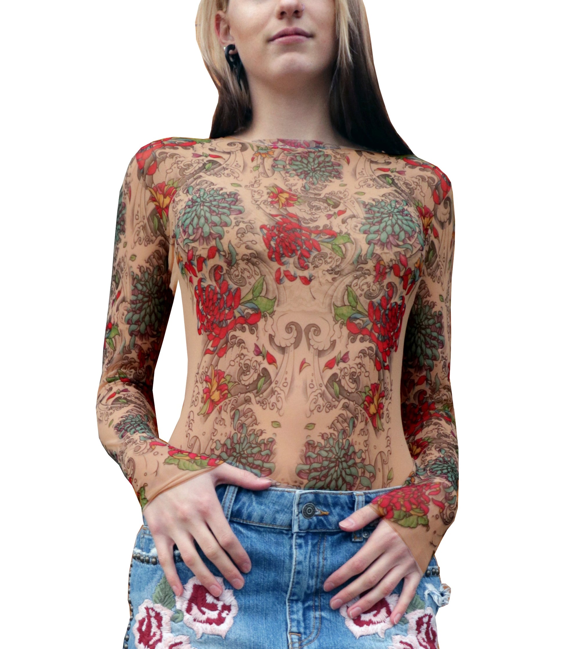 Mums Mesh Tattoo Shirt - Chrysanthemums, Peonies and Water Artwork