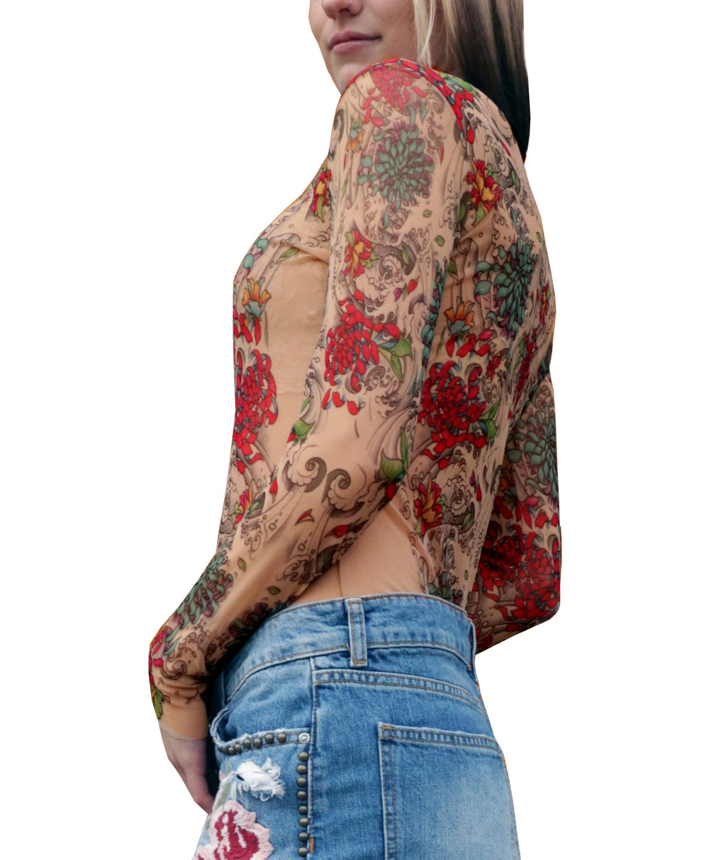 Mums Mesh Tattoo Shirt - Chrysanthemums, Peonies and Water Artwork