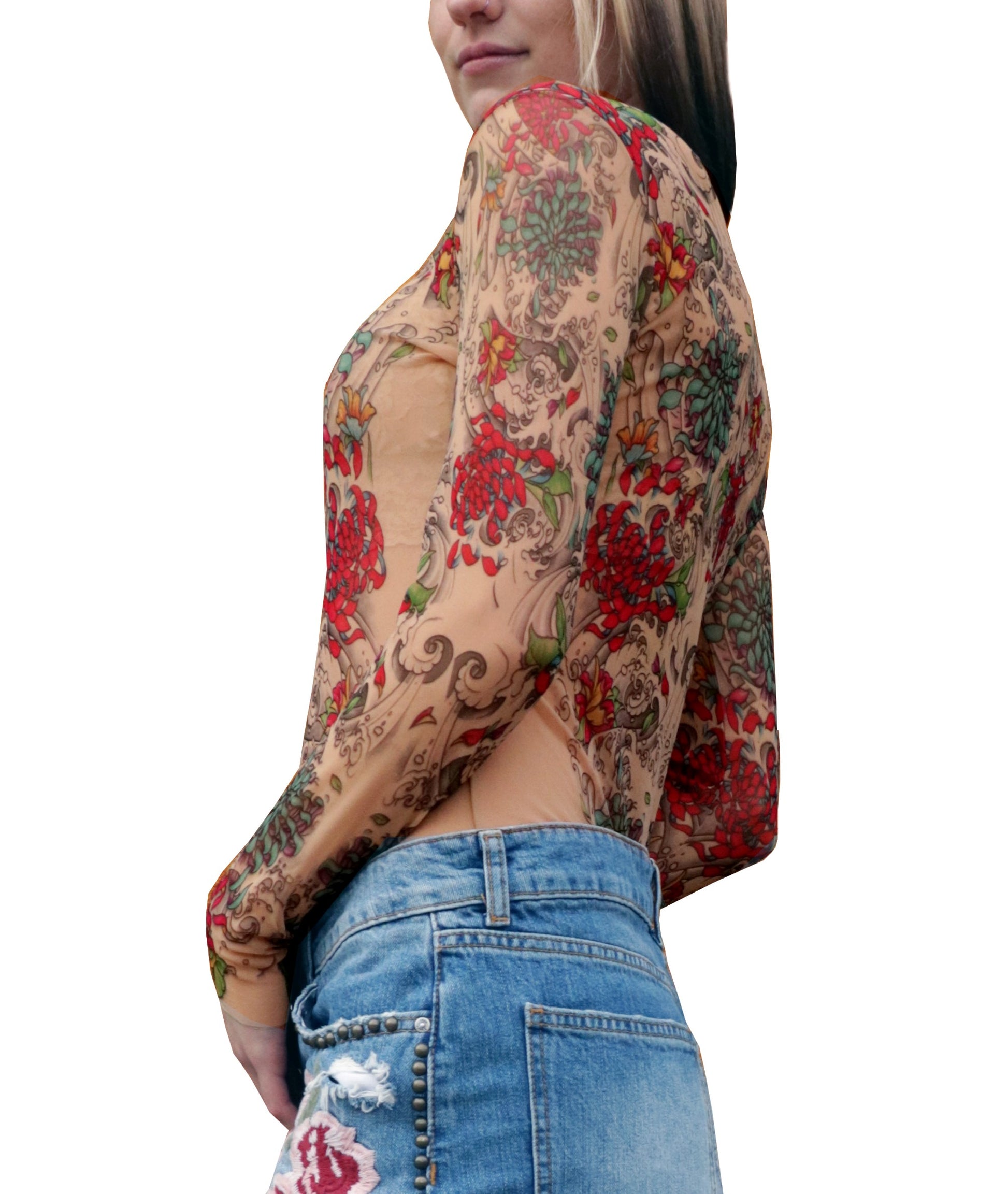 Mums Mesh Tattoo Shirt - Chrysanthemums, Peonies and Water Artwork