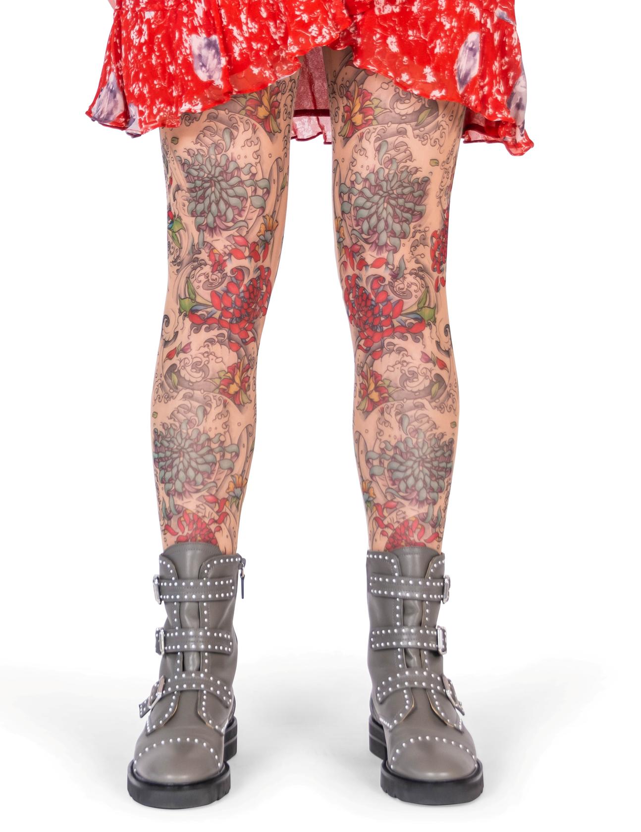 Chrysanthemums, Peonies and Grey Water Tattoo Leggings