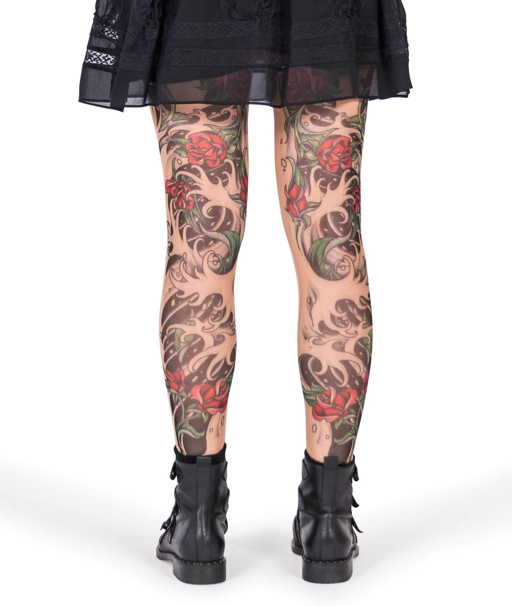 Sheishe Red Rose Tribal and Black Water Art Tattoo Leggings
