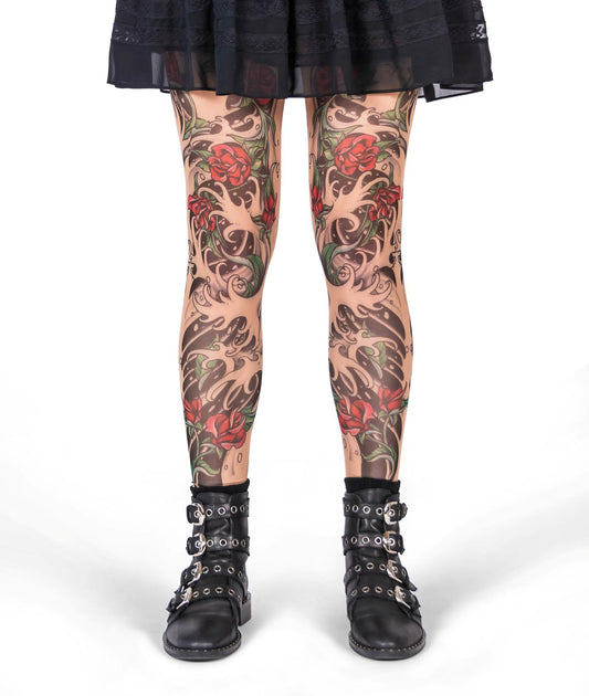 Sheishe Red Rose Tribal and Black Water Art Tattoo Leggings