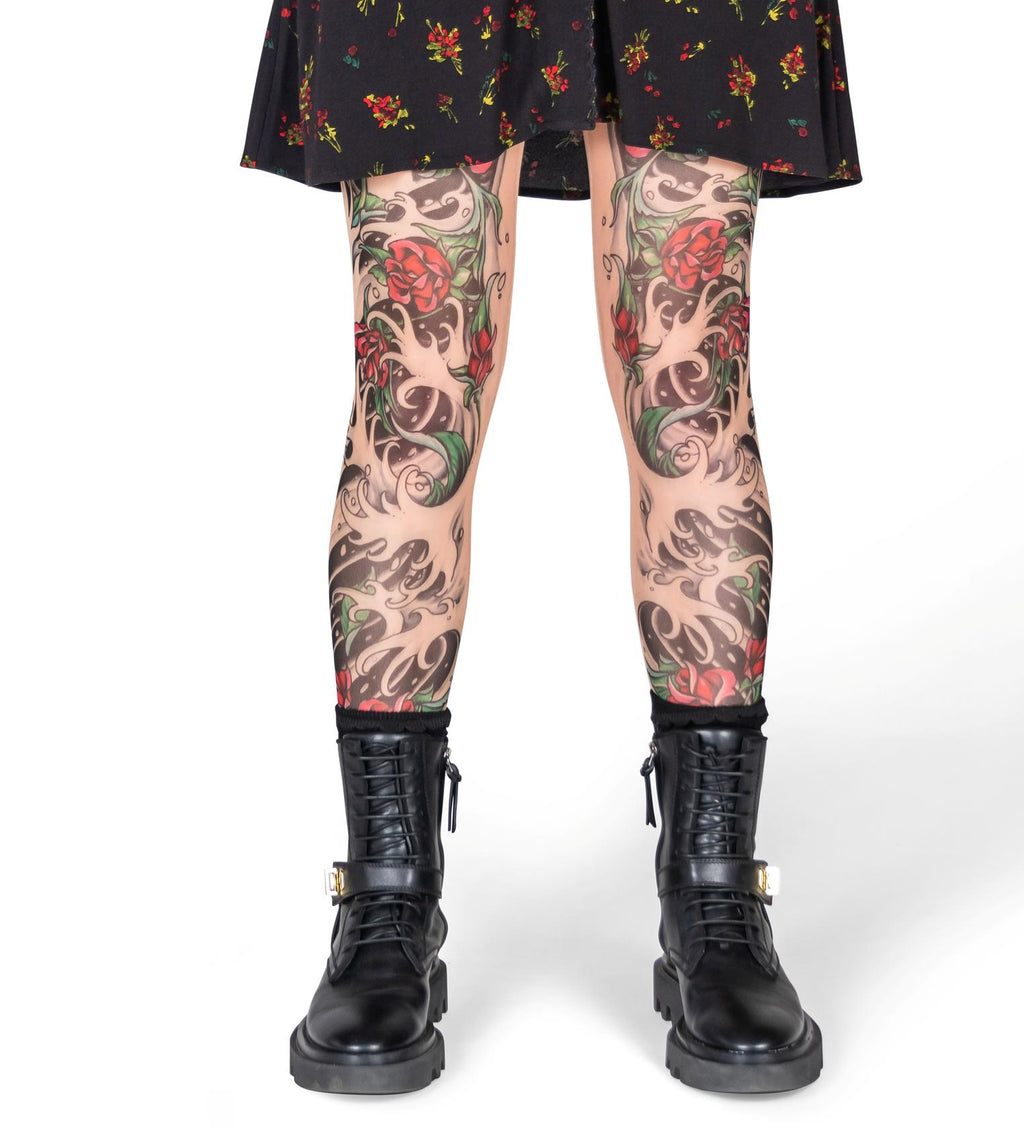 Sheishe Red Rose Tribal and Black Water Art Tattoo Leggings