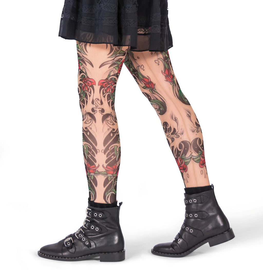 Sheishe Red Rose Tribal and Black Water Art Tattoo Leggings