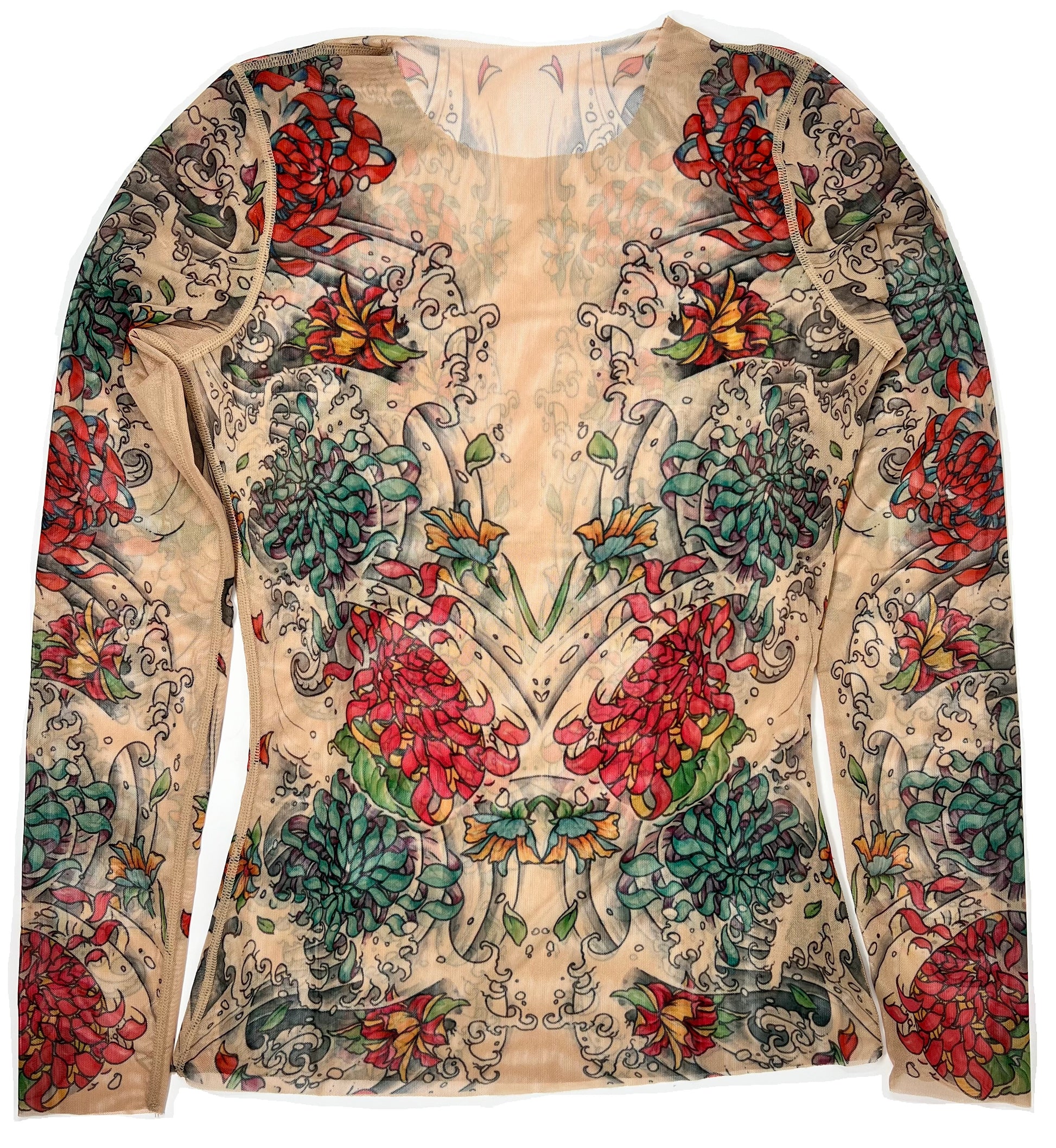Mums Mesh Tattoo Shirt - Chrysanthemums, Peonies and Water Artwork