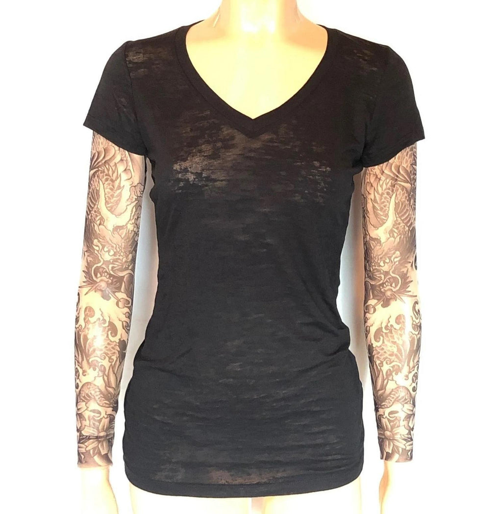 Ladies Burnout Tee Shirt with Dragon Blackwork Tattoo Sleeves, Black