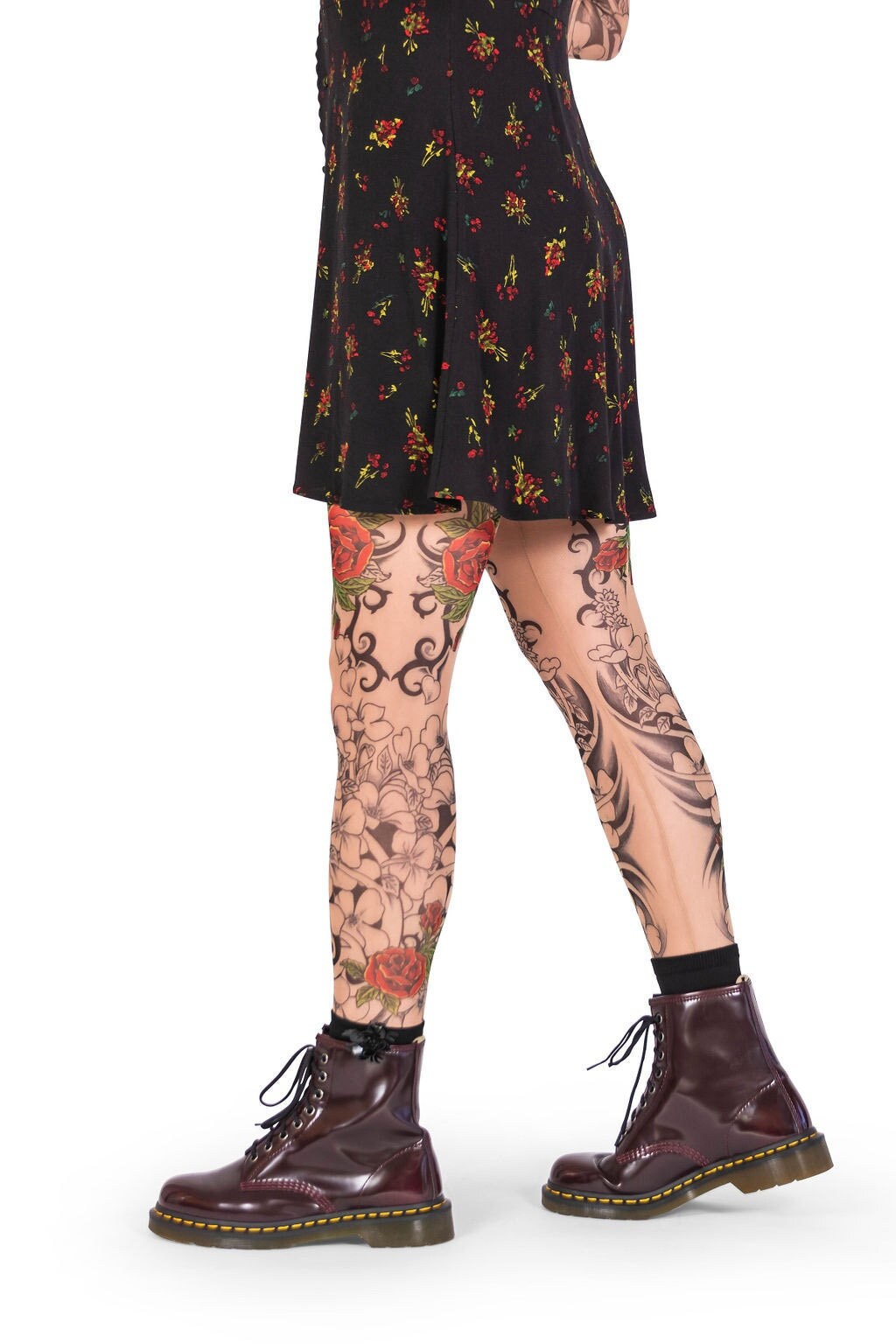 Flamenco Roses and Black Tribal Art Tattoo Leggings