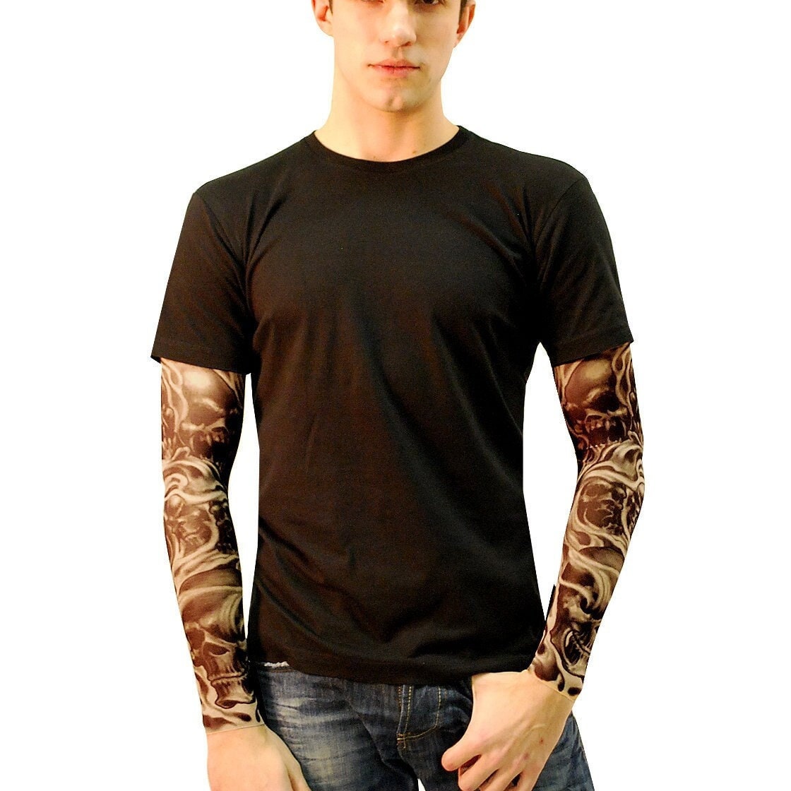 Mens Demonica Skulls Cotton Black Tee Shirt with Tattoo Sleeves