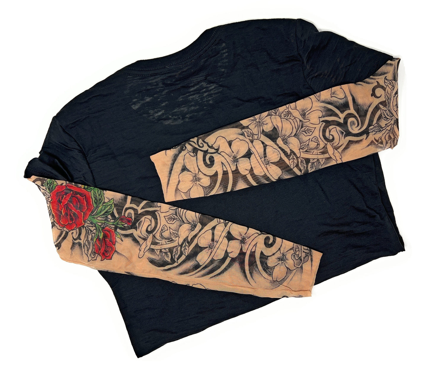 Ladies Burnout Tee Shirt with Flamenco Red Rose Tribal Tattoo Sleeves, Black