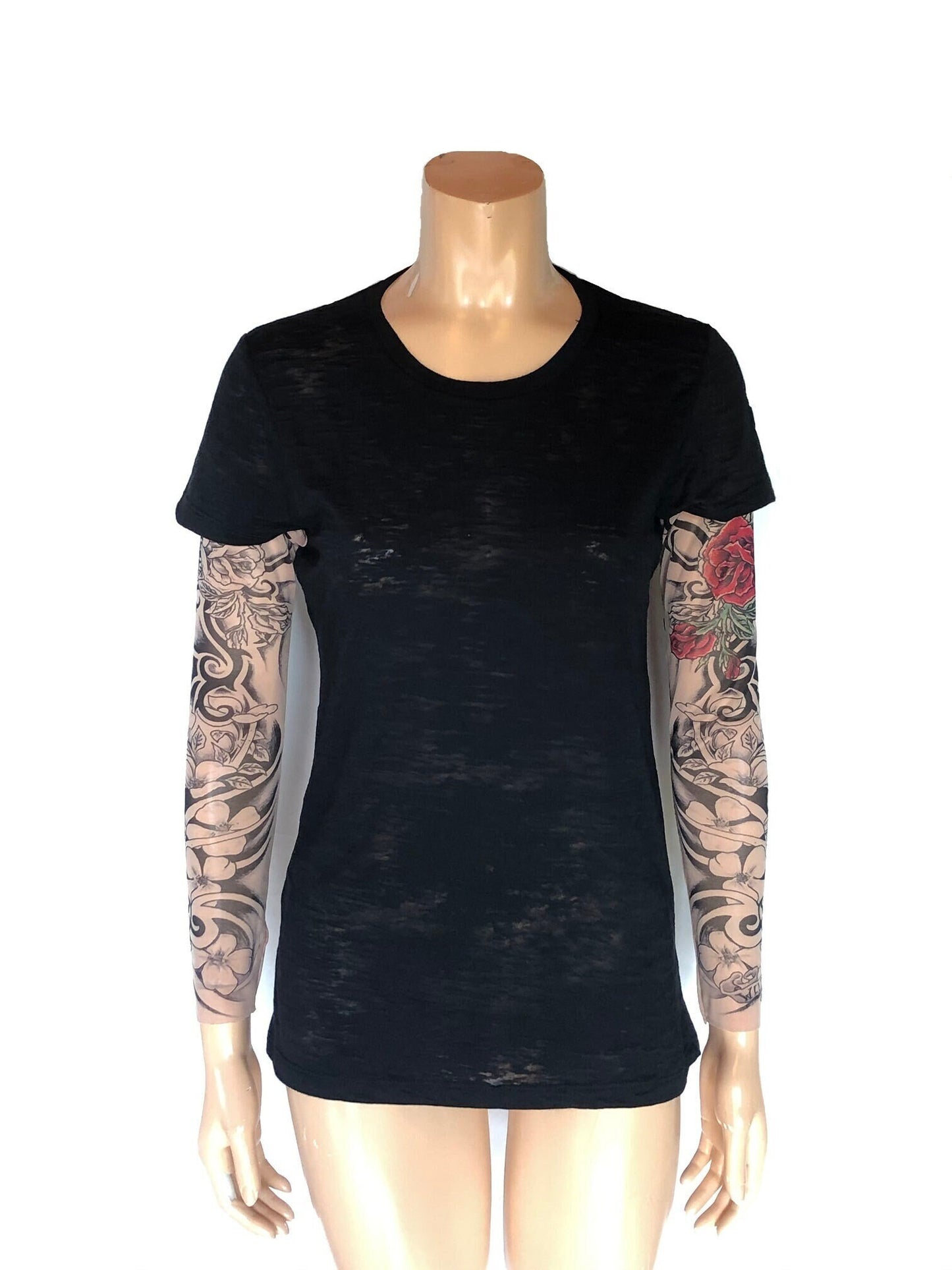 Ladies Burnout Tee Shirt with Flamenco Red Rose Tribal Tattoo Sleeves, Black