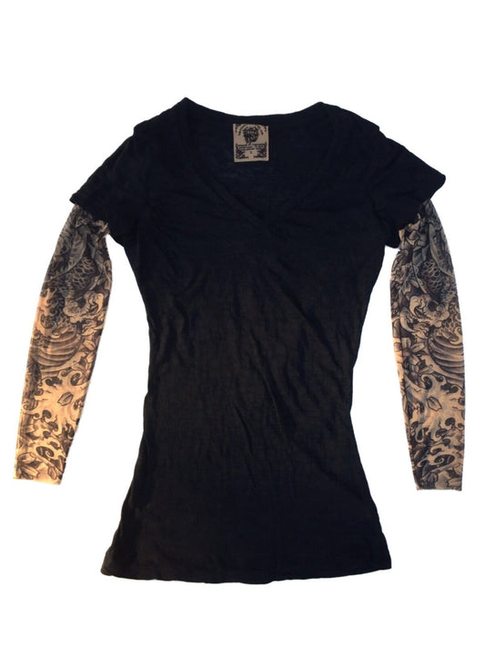 Ladies Burnout Tee Shirt with Dragon Blackwork Tattoo Sleeves, Black