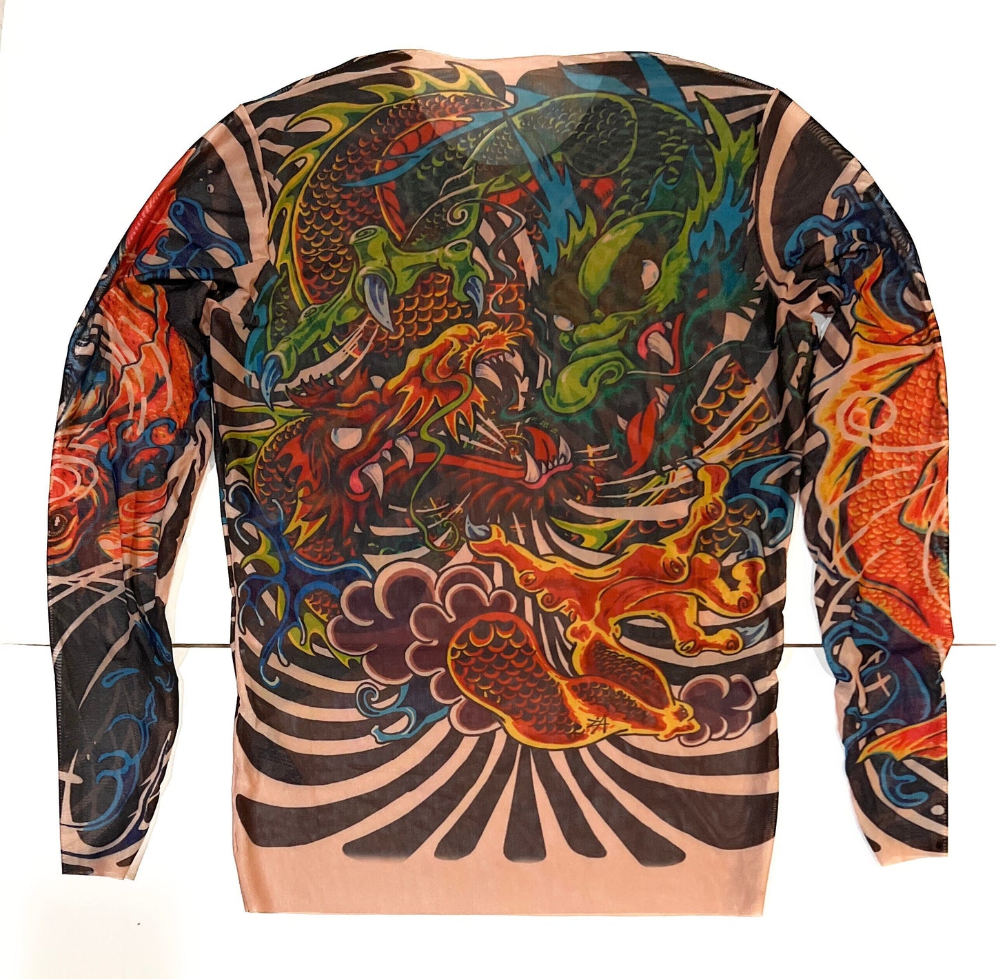 Men's Dragon Koi Irezumi Japanese Style Mesh Tattoo Shirt