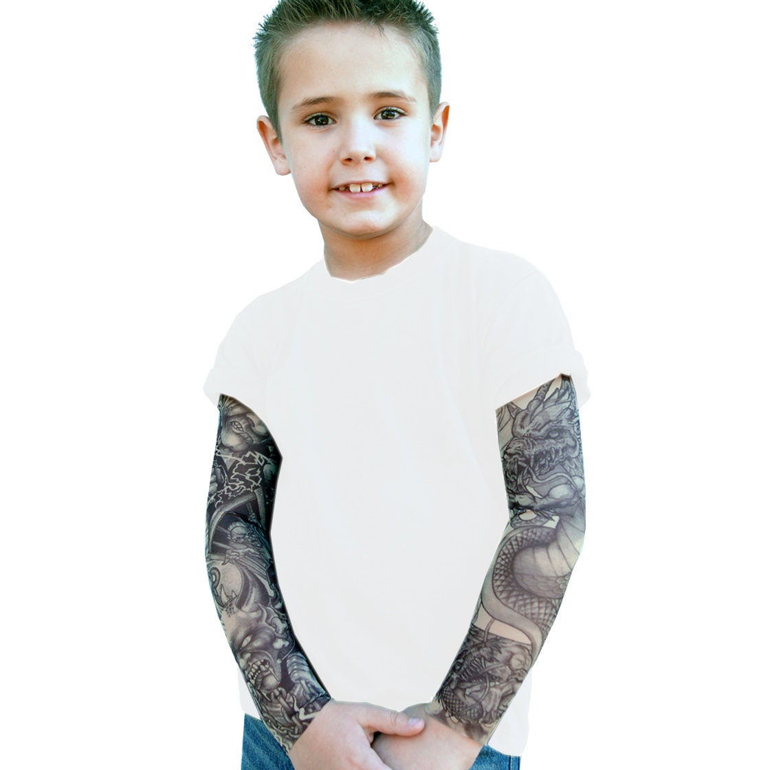 Grim Reaper Frankenstein Kids Tee Shirt with  Blackwork Tattoo Sleeves