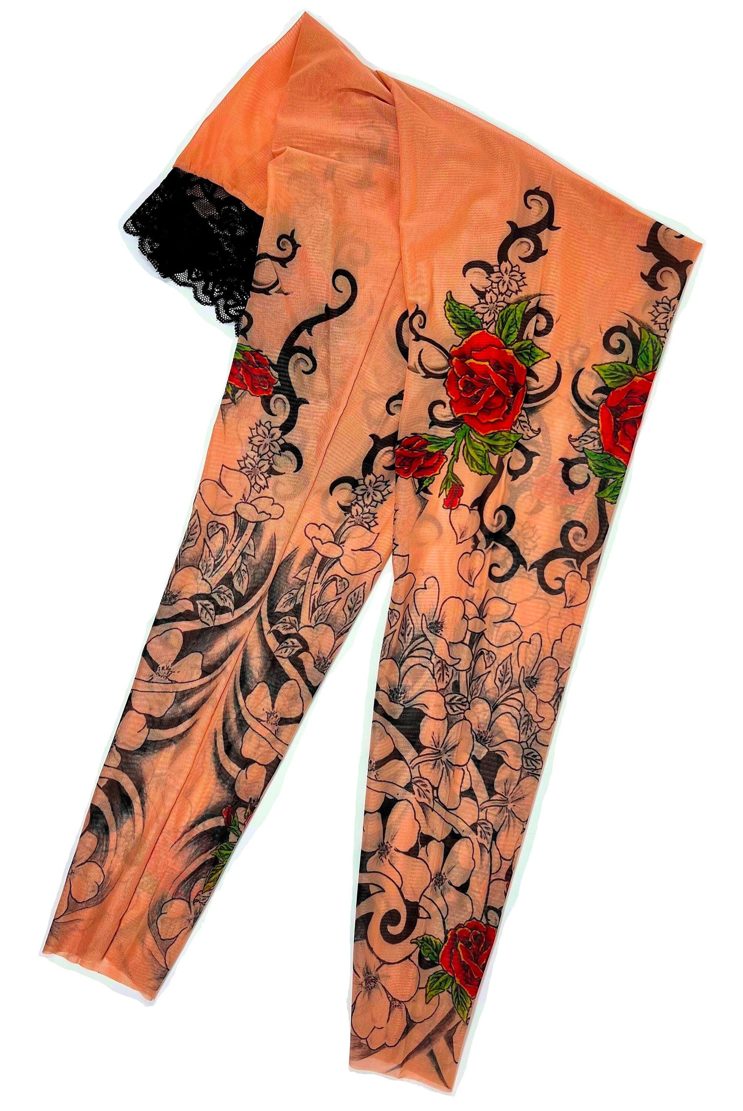 Flamenco Roses and Black Tribal Art Tattoo Leggings