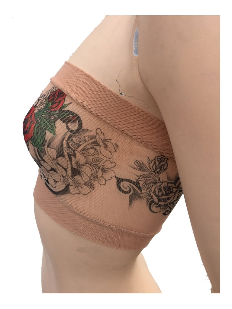 Flamenco Red Rose Tribal Tattoo Mesh Bandeau Bra