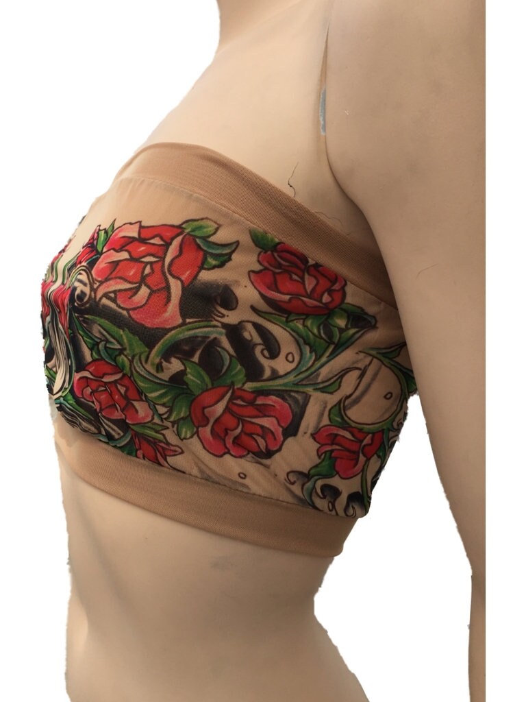 Sheishe Red Rose Tattoo Mesh Bandeau Top