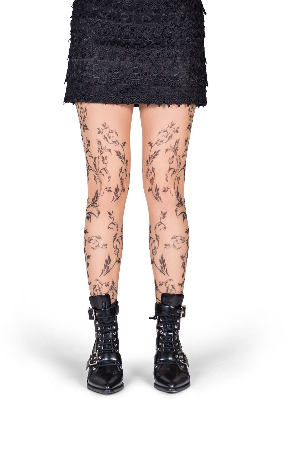 Filigree Fleur-de-Lis Lace Blackwork Tattoo Leggings