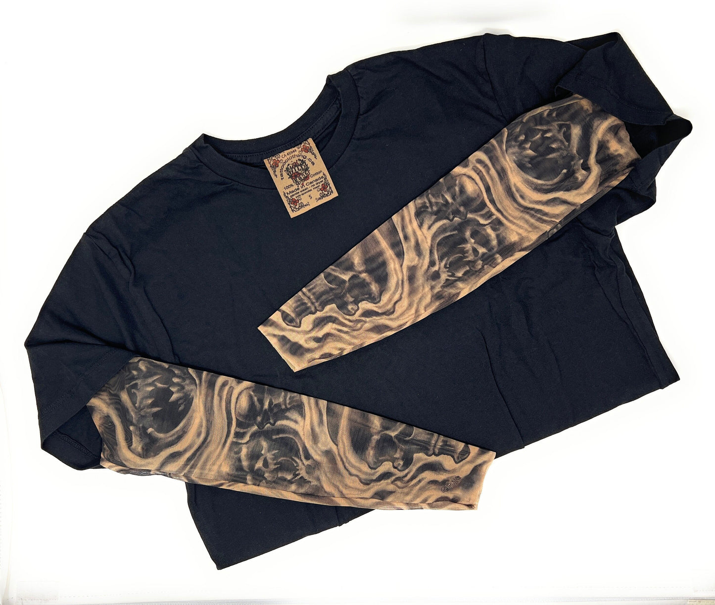 Mens Demonica Skulls Cotton Black Tee Shirt with Tattoo Sleeves