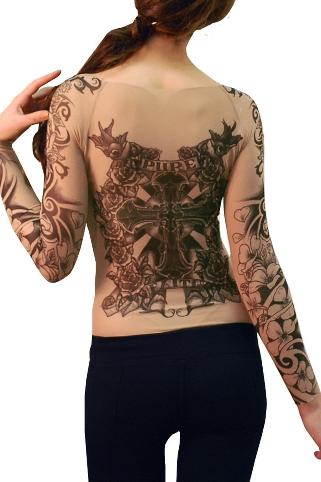 Flamenco Pure Faith Rose Tribal Cross Mesh Tattoo Shirt