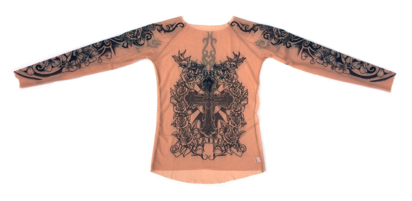 Flamenco Pure Faith Rose Tribal Cross Mesh Tattoo Shirt