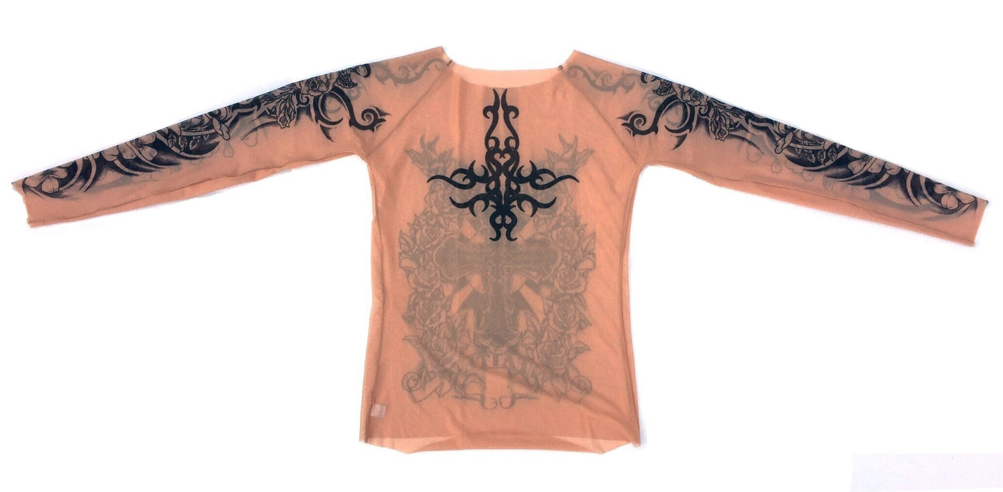 Flamenco Pure Faith Rose Tribal Cross Mesh Tattoo Shirt