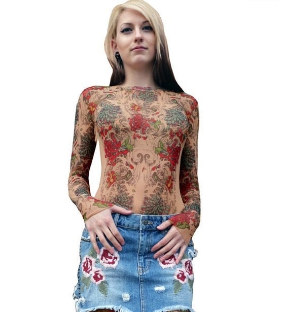 Chrysanthemum Irezumi Flowers Mesh Tattoo Shirt