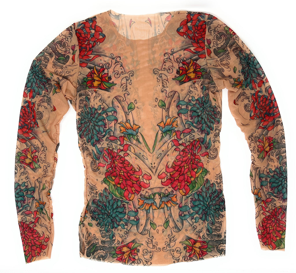 Chrysanthemum Irezumi Flowers Mesh Tattoo Shirt