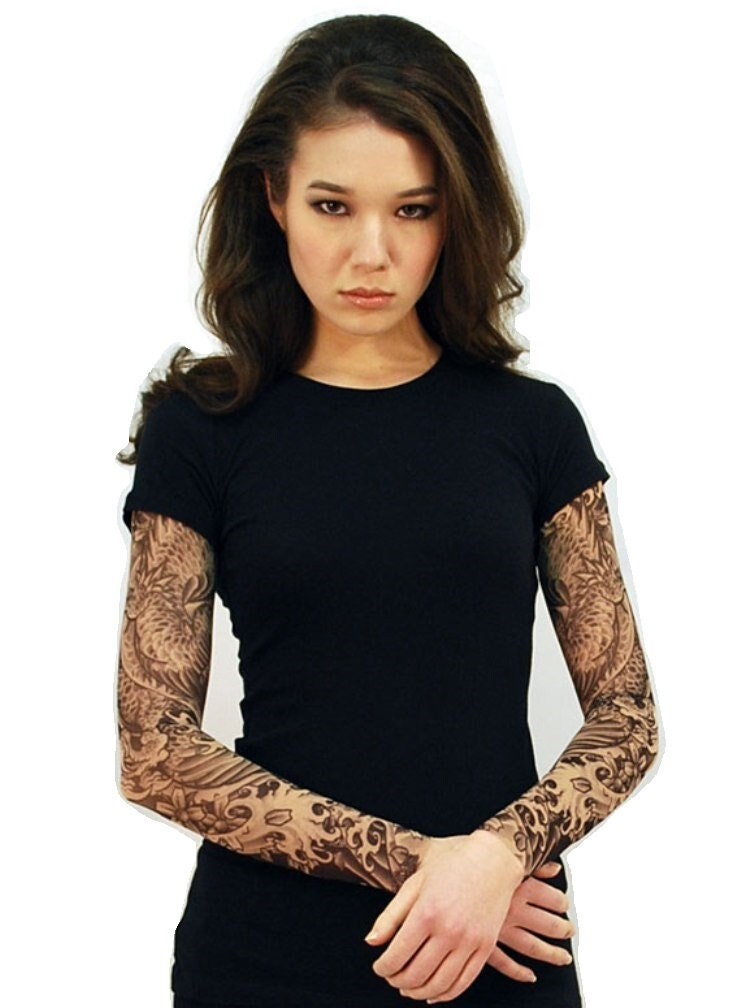 Ladies Burnout Tee Shirt with Dragon Blackwork Tattoo Sleeves, Black