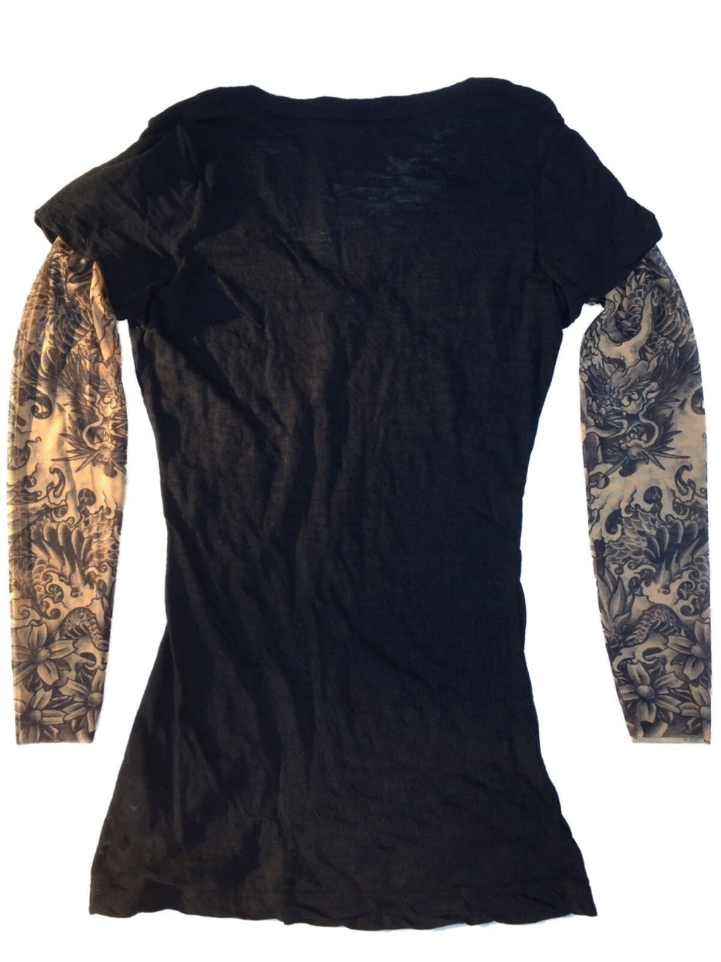 Ladies Burnout Tee Shirt with Dragon Blackwork Tattoo Sleeves, Black