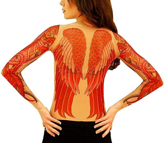 Phoenix  Mythical Red Bird Wings Mesh Tattoo Shirt