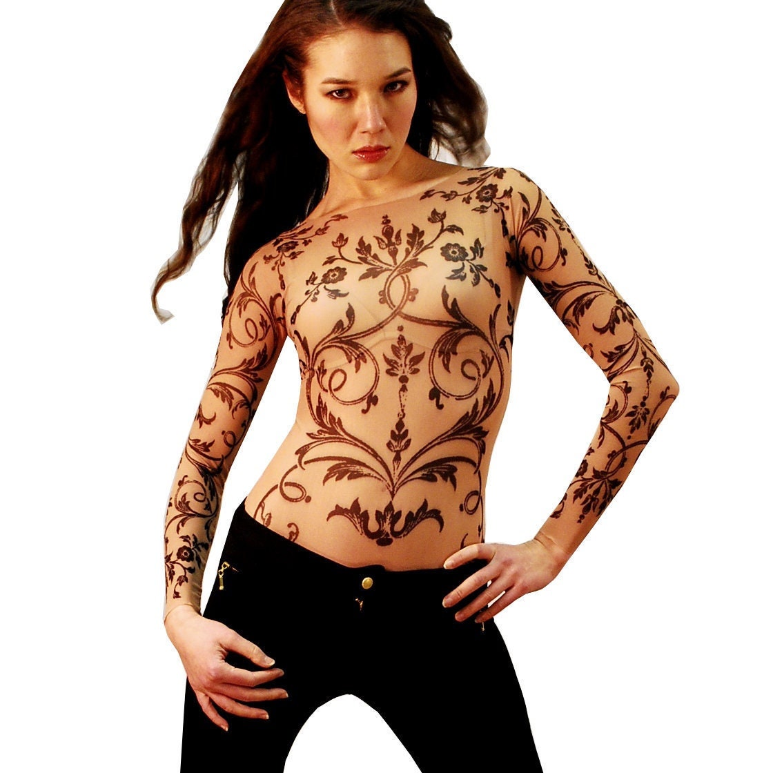 Filigree Fleur-de-Lis Lacework Mesh Tattoo Shirt