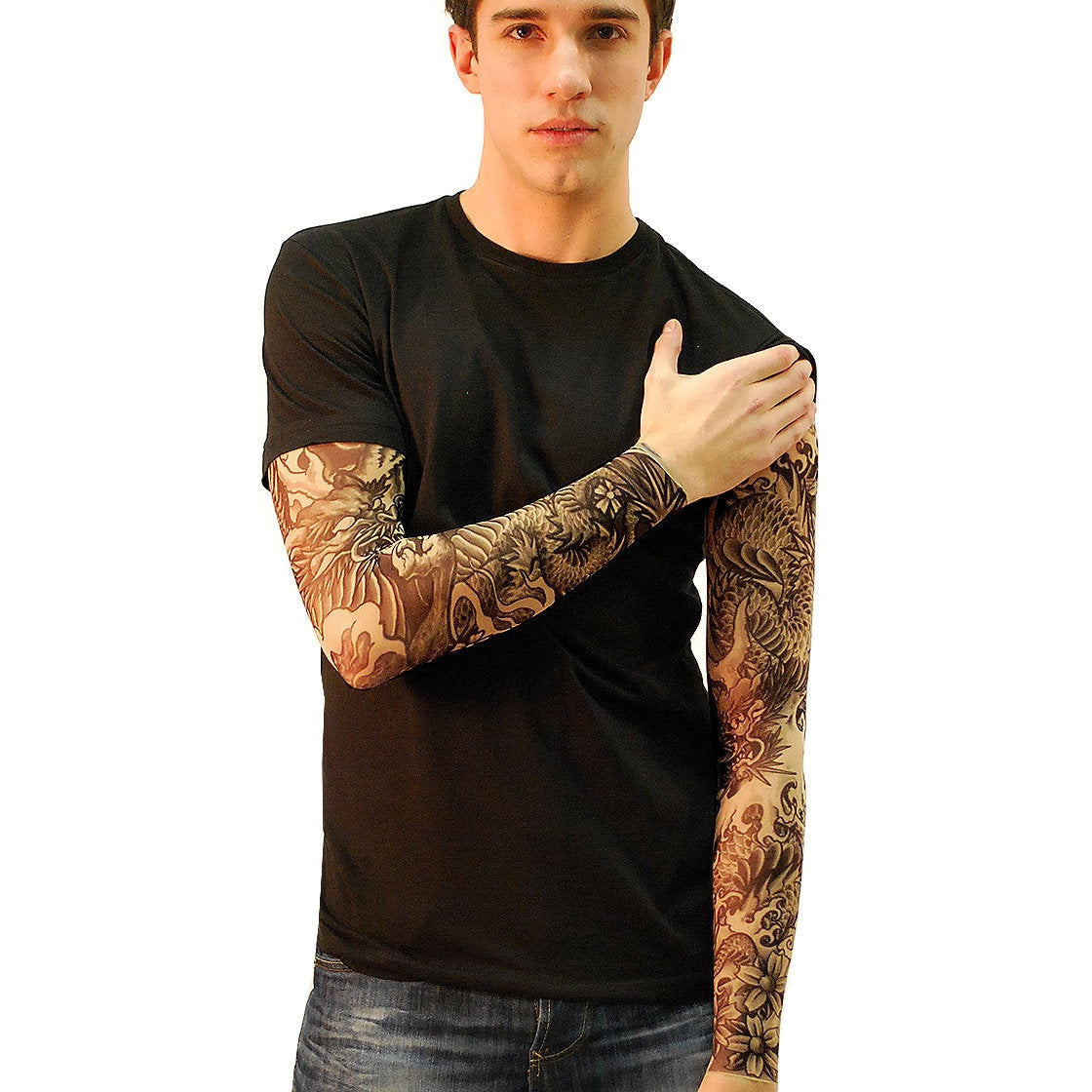 Men's Dragon Blackwork Shirt with Tattoo Sleeves, Black