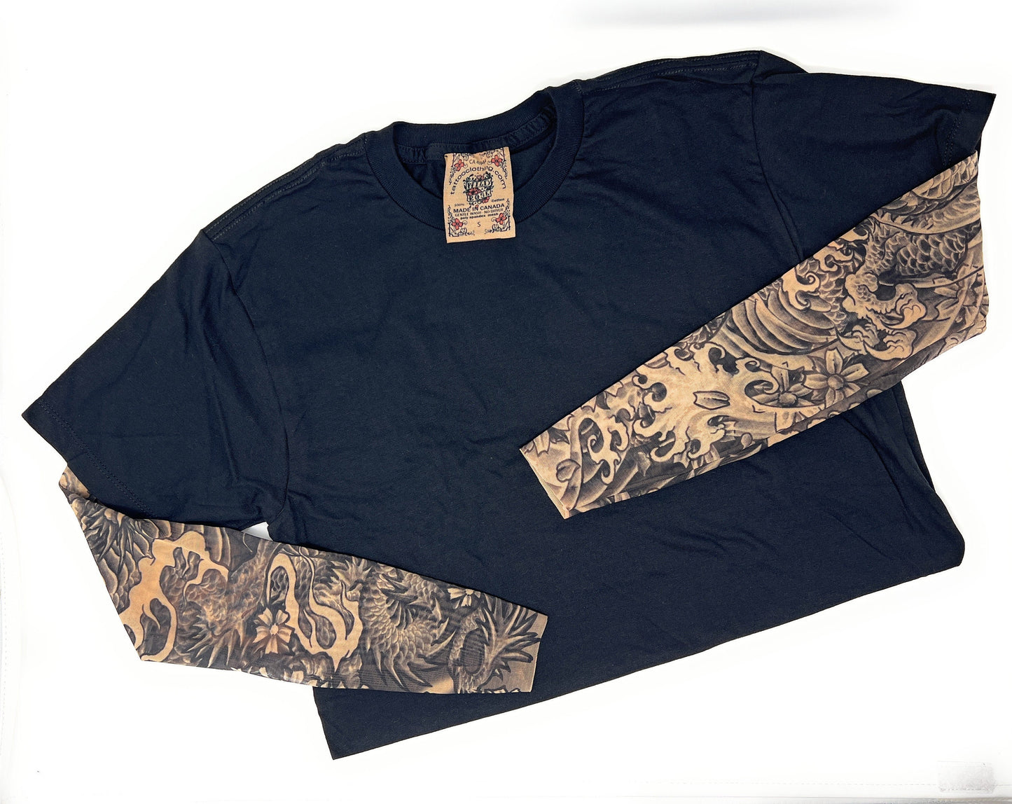 Men's Dragon Blackwork Shirt with Tattoo Sleeves, Black