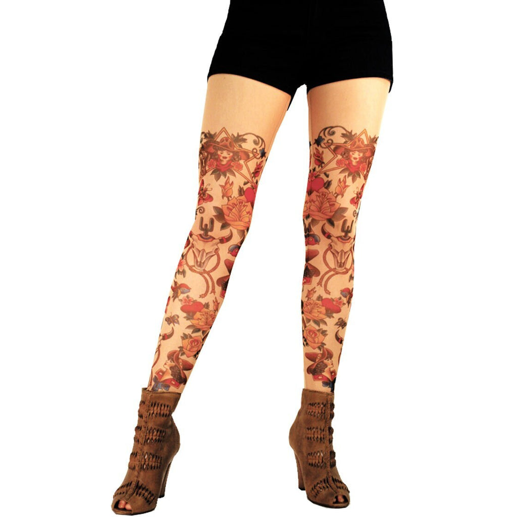 Vintage Yellow Rose Cowgirl Southwest Tattoo Leggings