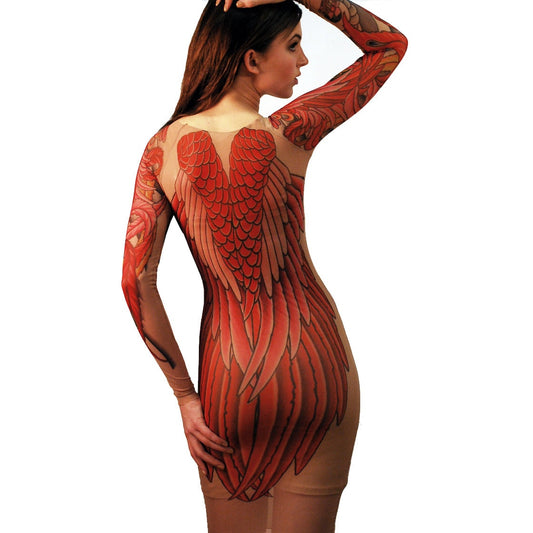 Phoenix Bird Red Wings Mesh Full Body Tattoo Dress