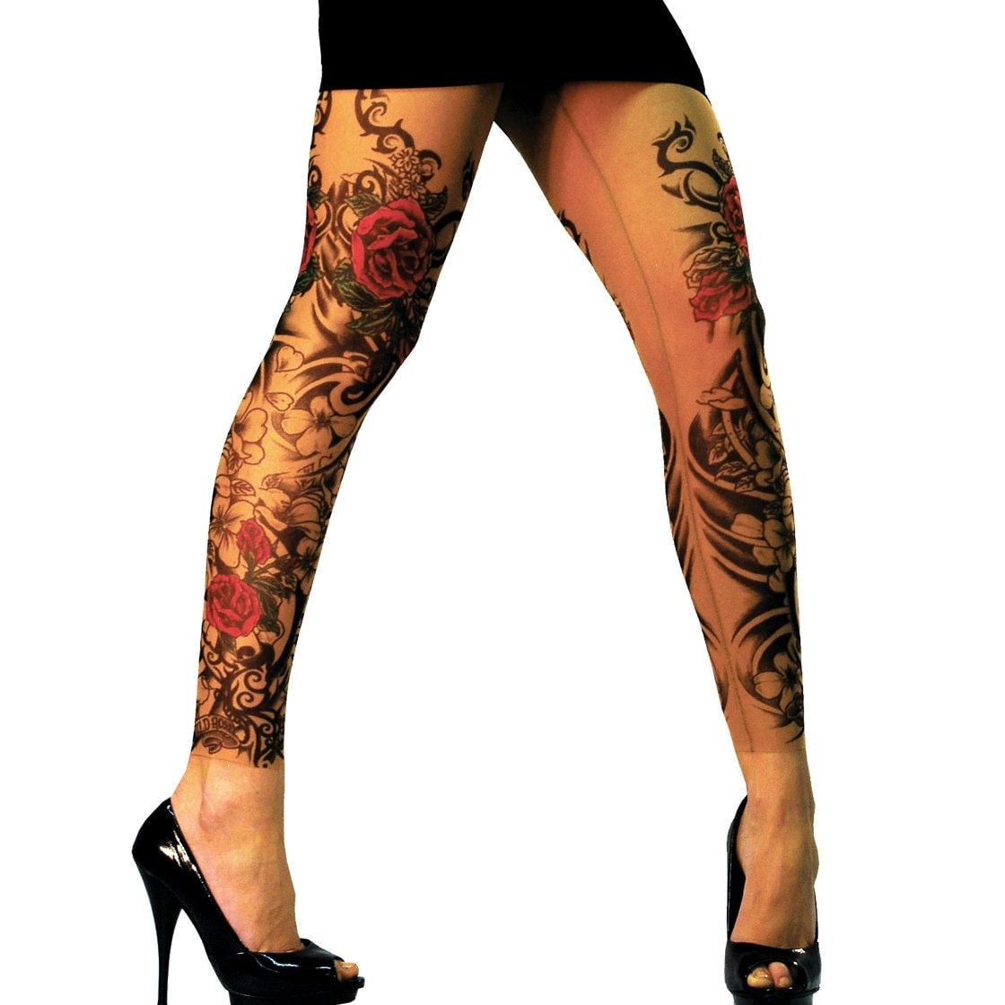 Flamenco Roses and Black Tribal Art Tattoo Leggings