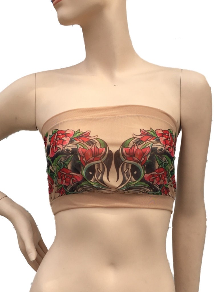 Sheishe Red Rose Tattoo Mesh Bandeau Top