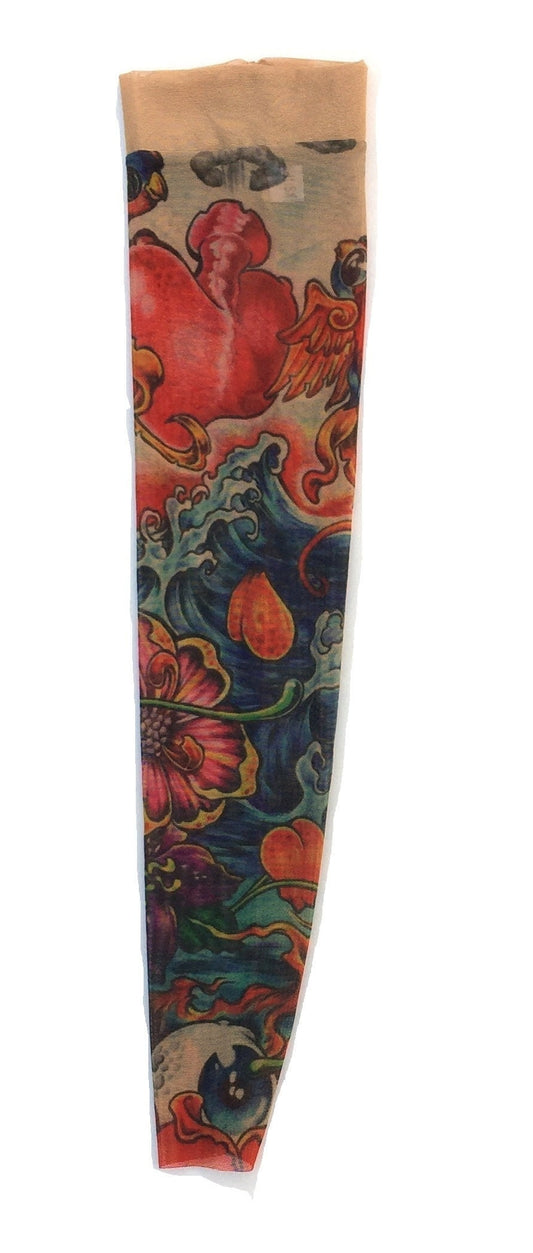 Sparrows Red Heart Flowers Blue Wave Single Tattoo Sleeve