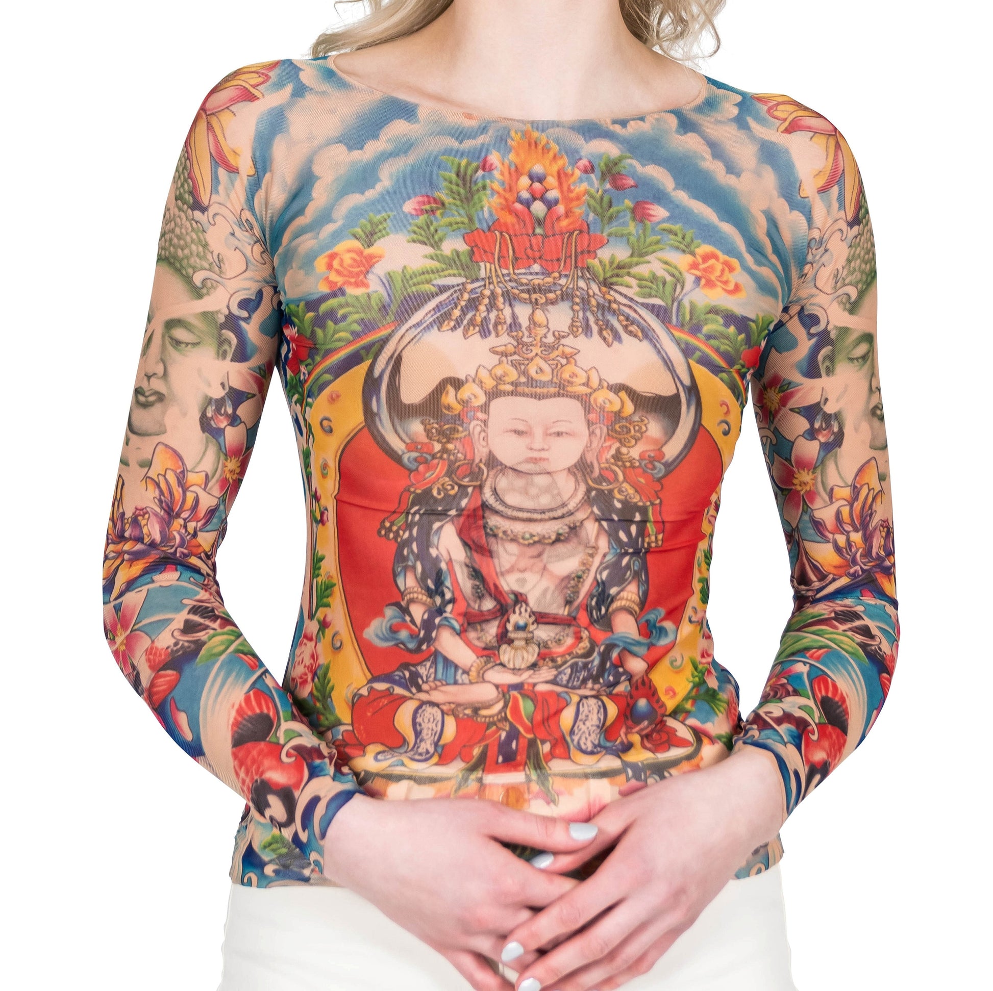 Prayer Japanese Temple Lotus Koi Artwork on Mesh Tattoo Shirt