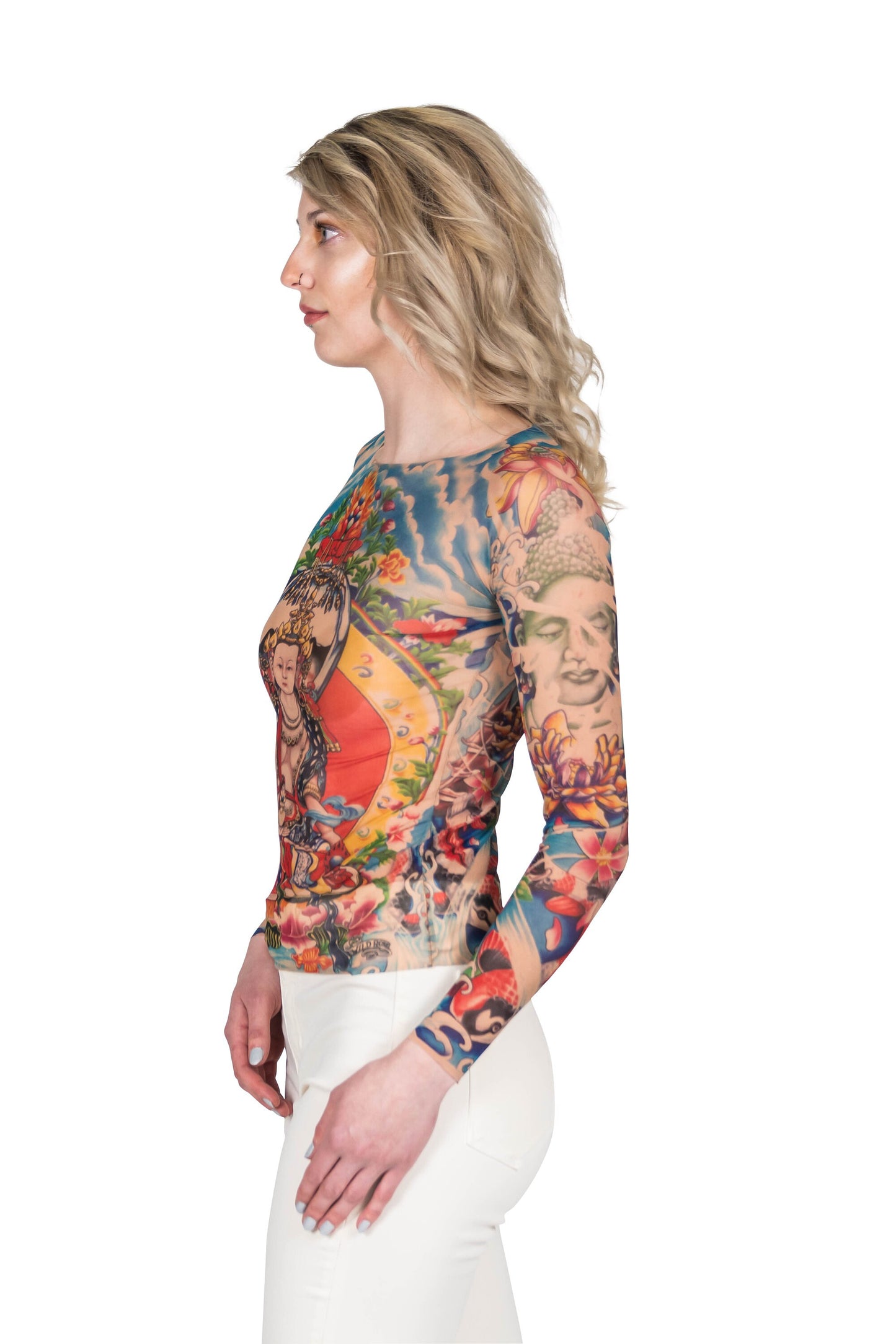 Prayer Japanese Temple Lotus Koi Artwork on Mesh Tattoo Shirt