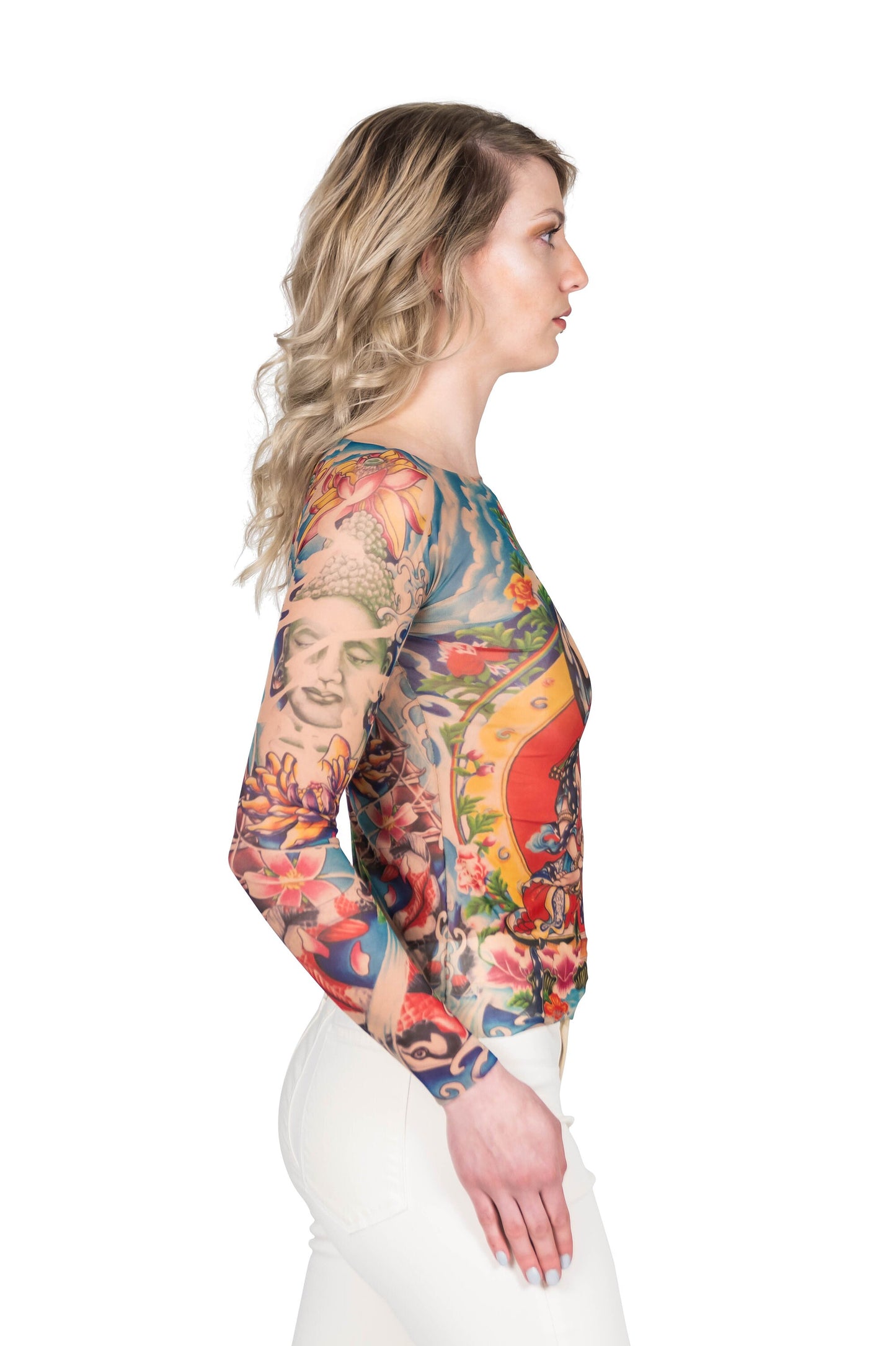 Prayer Japanese Temple Lotus Koi Artwork on Mesh Tattoo Shirt