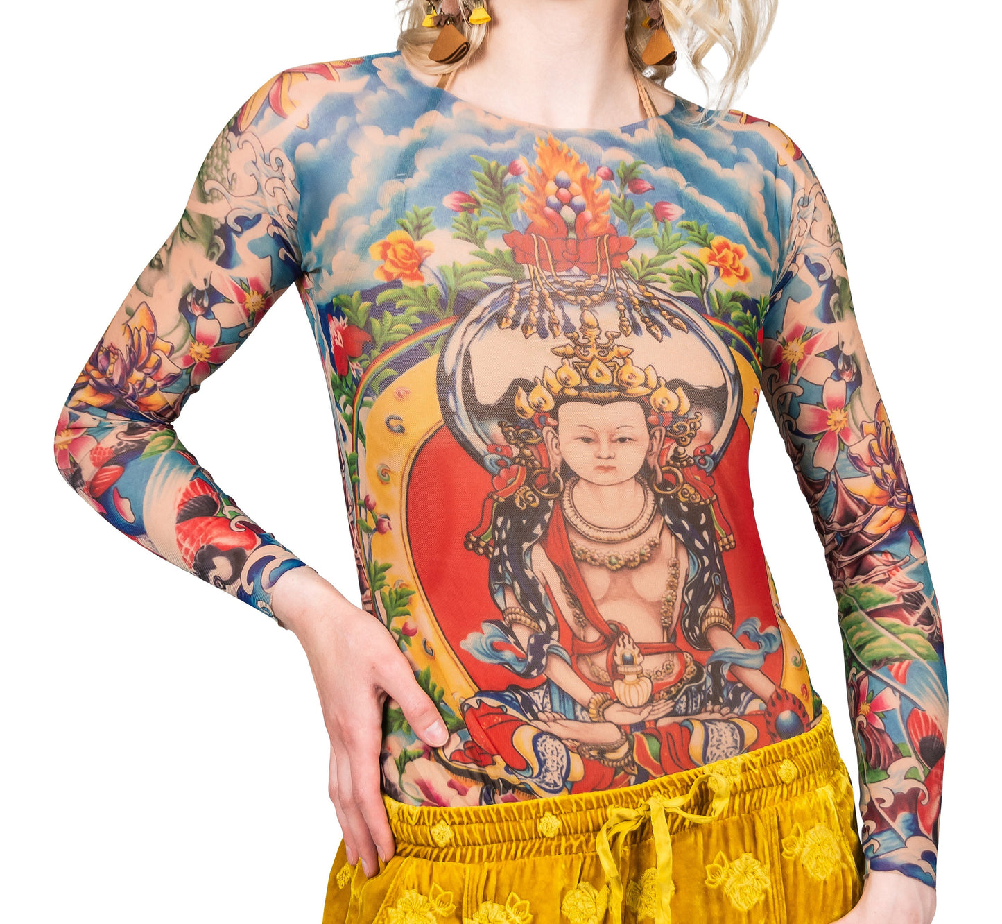 Prayer Japanese Temple Lotus Koi Artwork on Mesh Tattoo Shirt