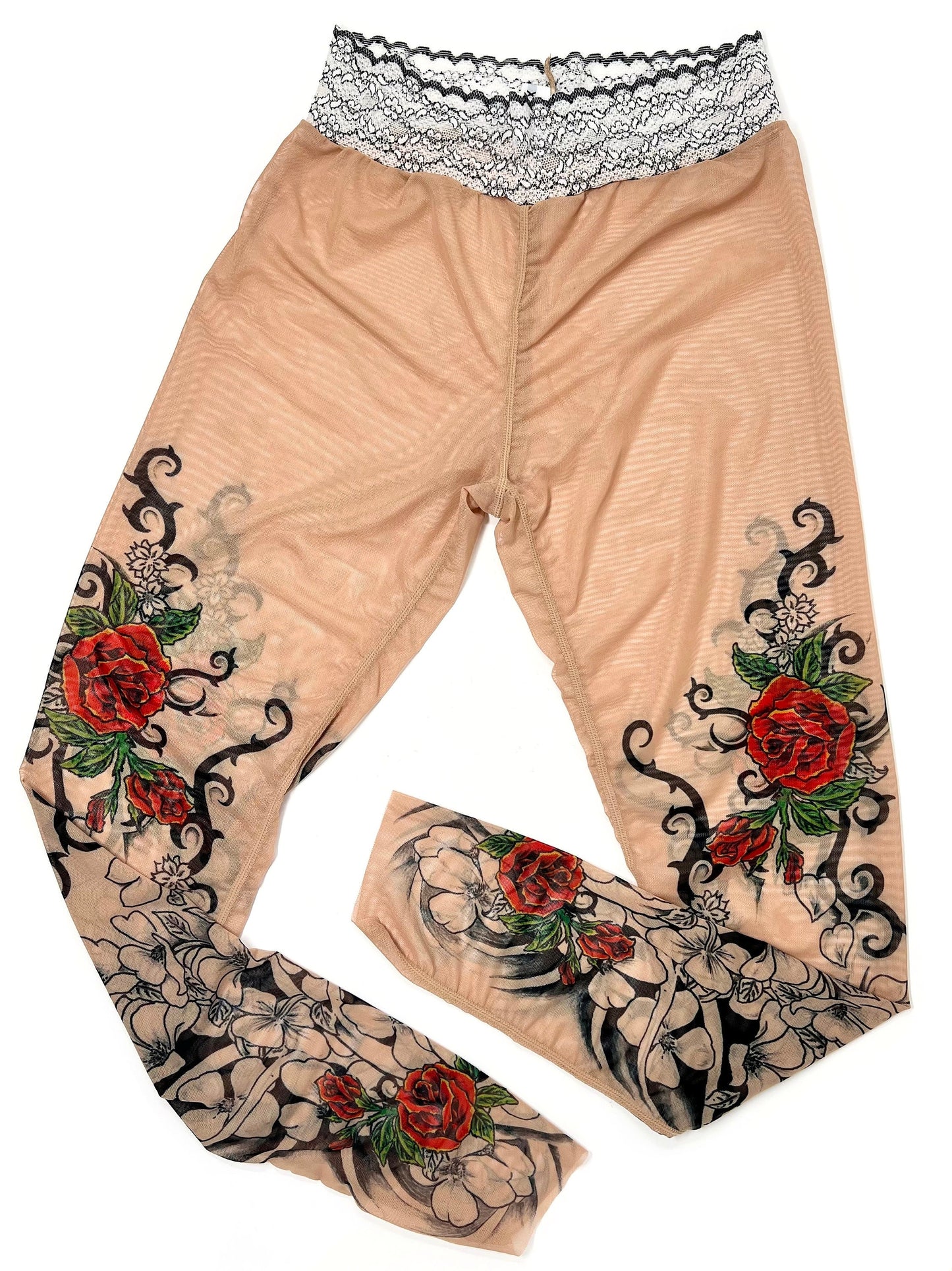 Flamenco Roses and Black Tribal Art Tattoo Leggings