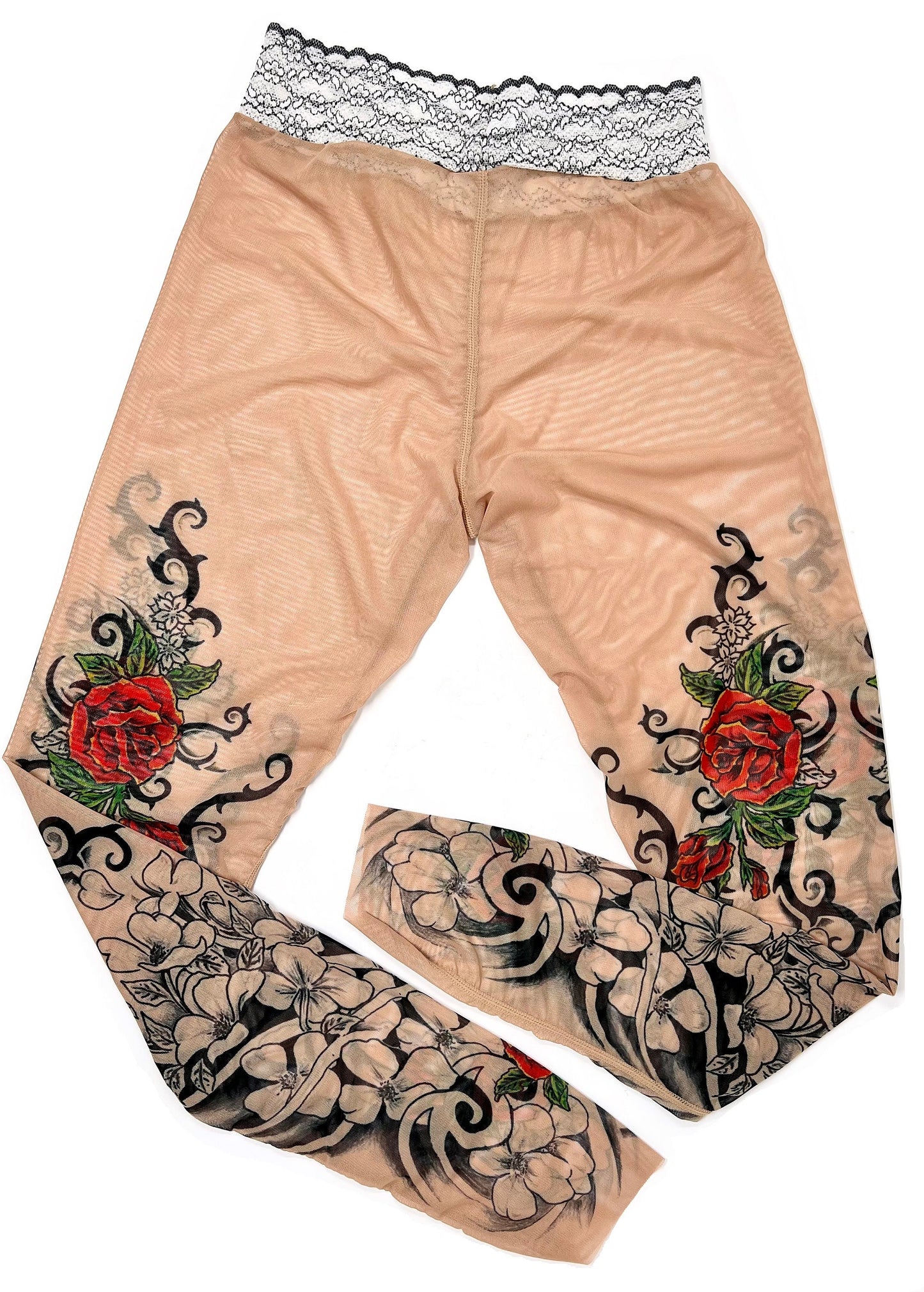 Flamenco Roses and Black Tribal Art Tattoo Leggings